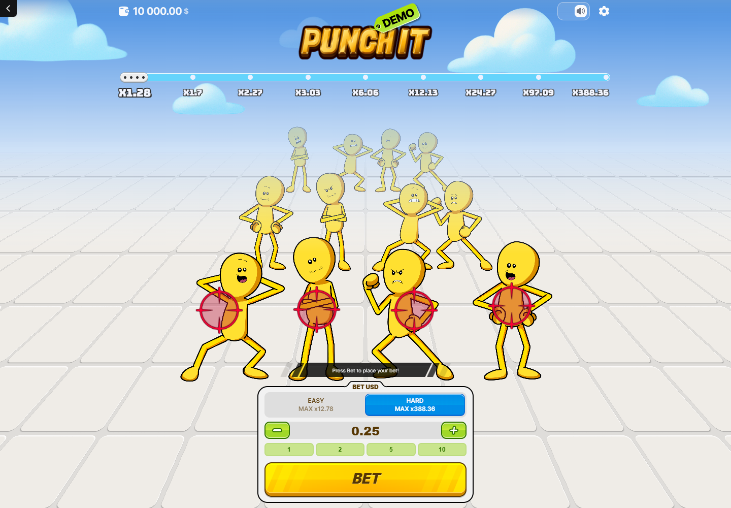 Punch It Hard mode showing the x388.36 final multiplier target