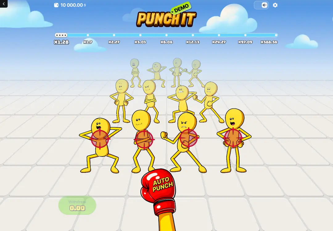 An active stage with four marked opponents and the red Auto Punch glove